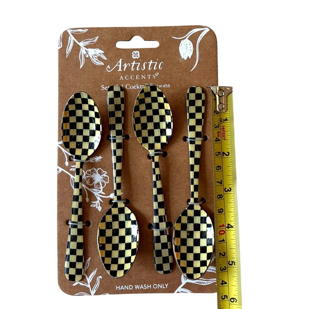 Artistic Accents Checkered Cocktail Spoons Set of 4 Enameled Cream & Black New